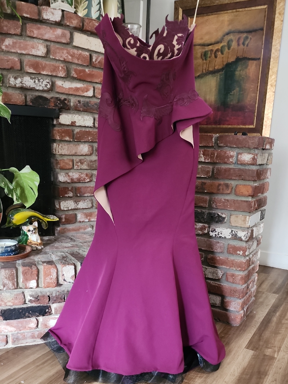 Fouad Sarkis Plum Mermaid Gown Appliqué Ruffle Formal Dress